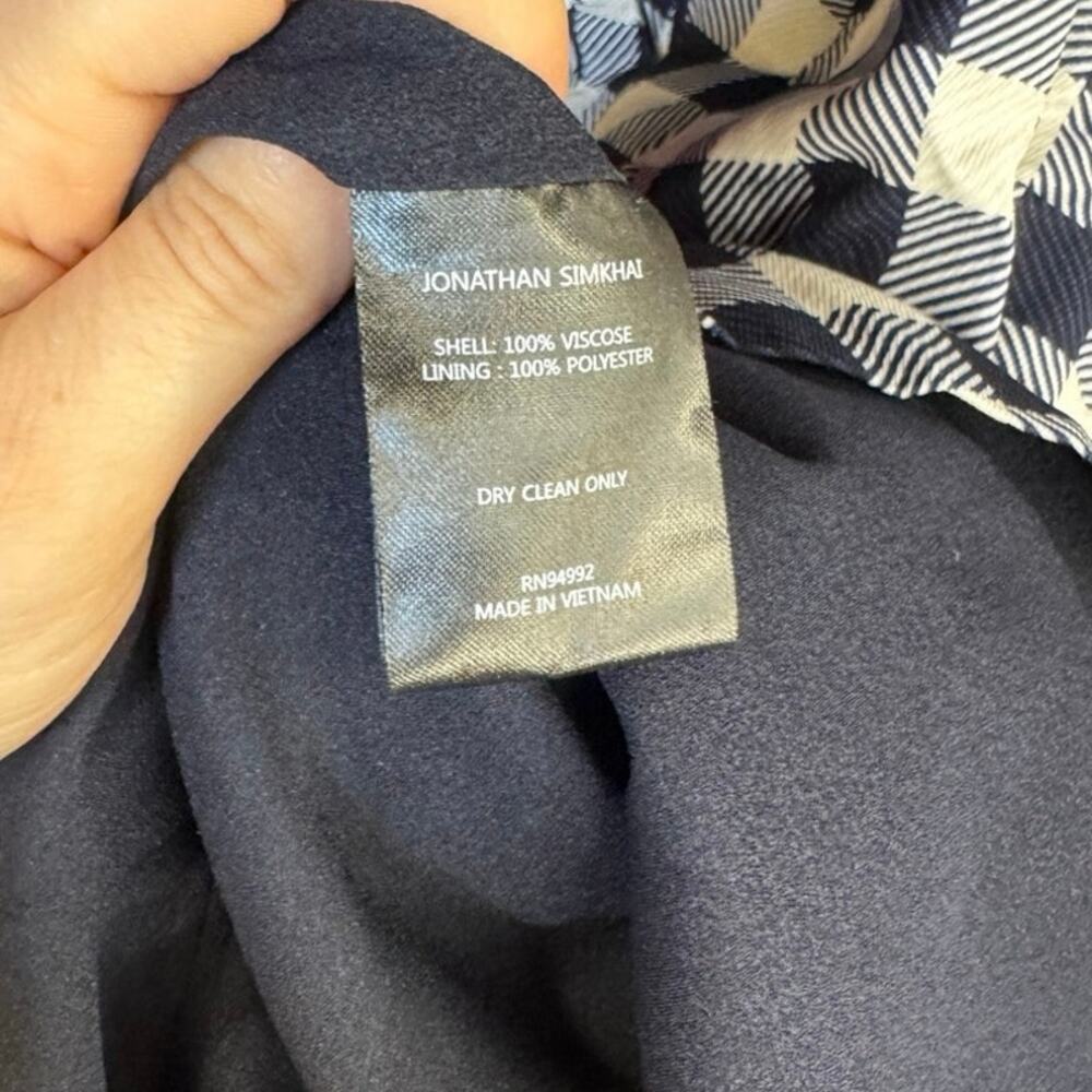 JONATHAN SIMKHAI Lux Twill One Sleeve Dress Midnight Blue Gingham Size 8 Preppy - Picture 12 of 14